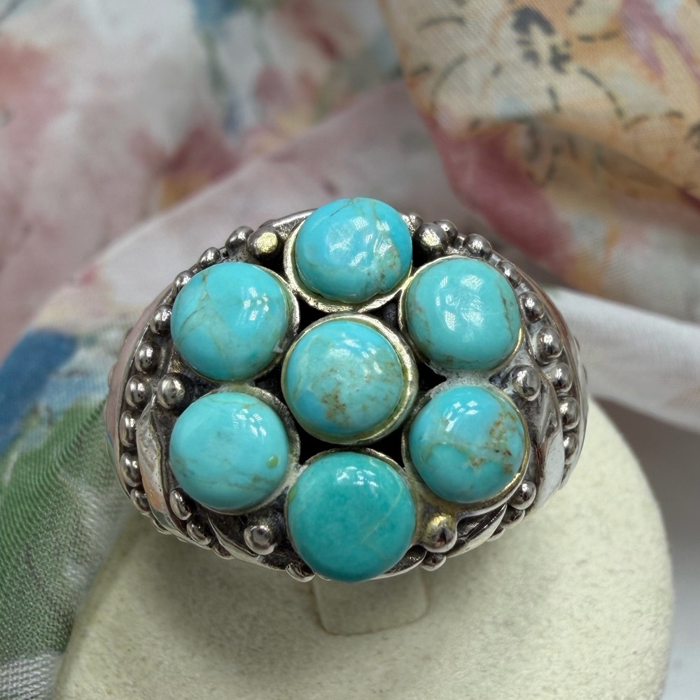 Vintage Turquoise Cluster Statement Ring 925 Sterling silver 16STR